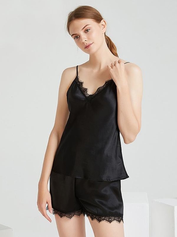 19 Momme Luxury Black Eyelash Laced Silk Camisole Set