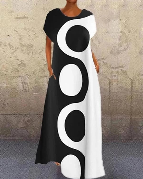 black geometric crew neck printed short sleeve dresses p440936