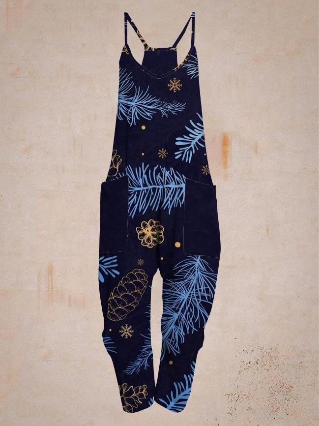 Casual pine cone print print comfortable pocket jumpsuit-Mayoulove