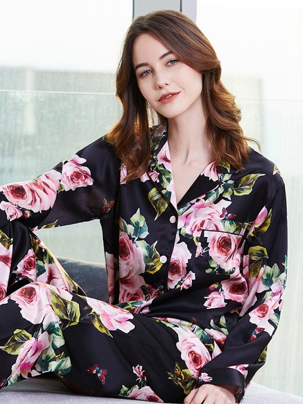 19 Momme Black Flower Printed Silk Pajamas-Real Silk Life