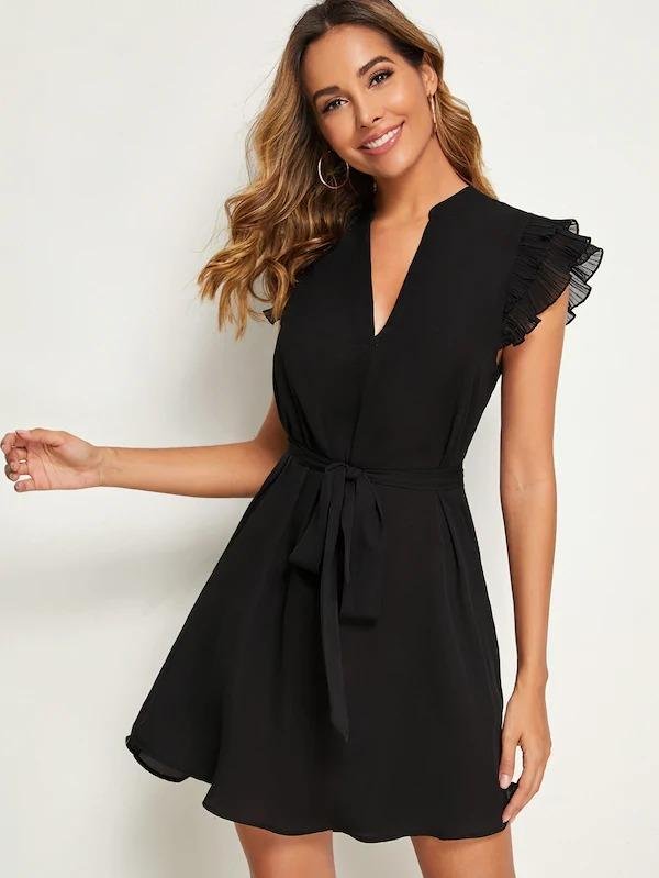 V-Cut Neck Layered Pleated Sleeve Belted Dress-Corachic