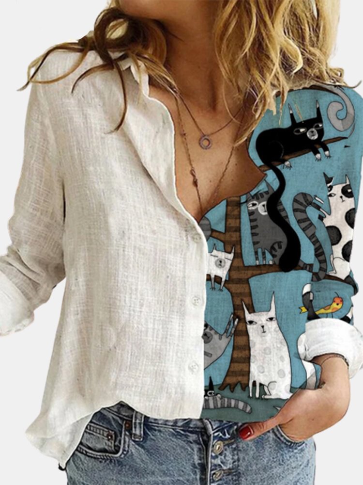 Cartoon Cat Printed Long Sleeve Turn-down Collar Patchwork Blouse For Women