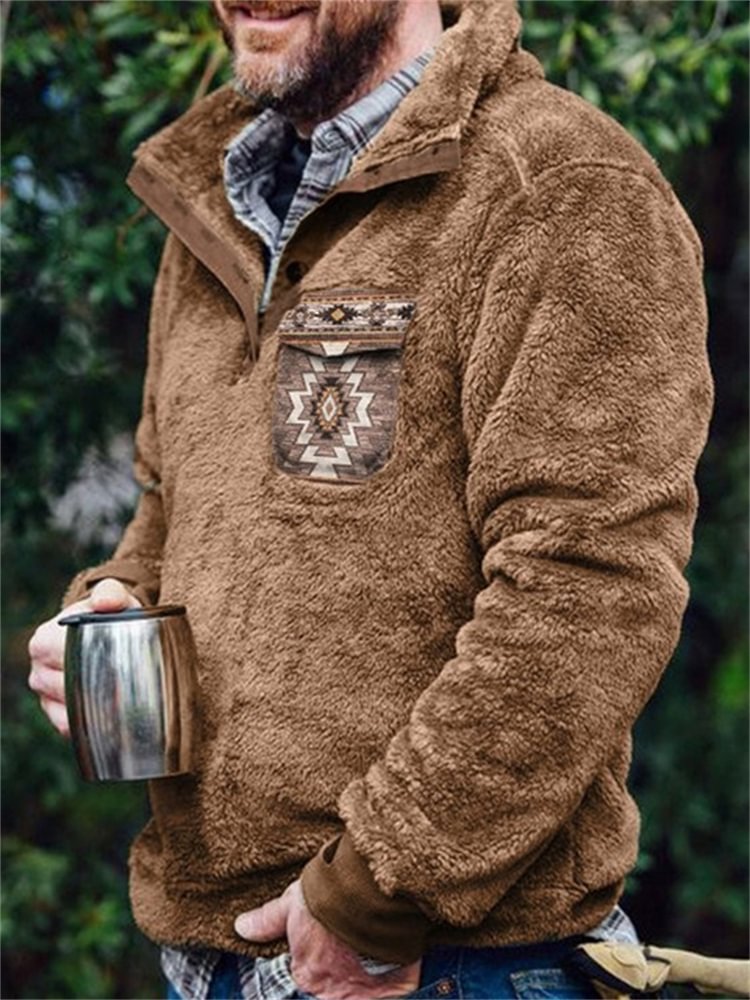 BrosWear Men's Aztec Flap Pocket Cozy Fleece Pullover