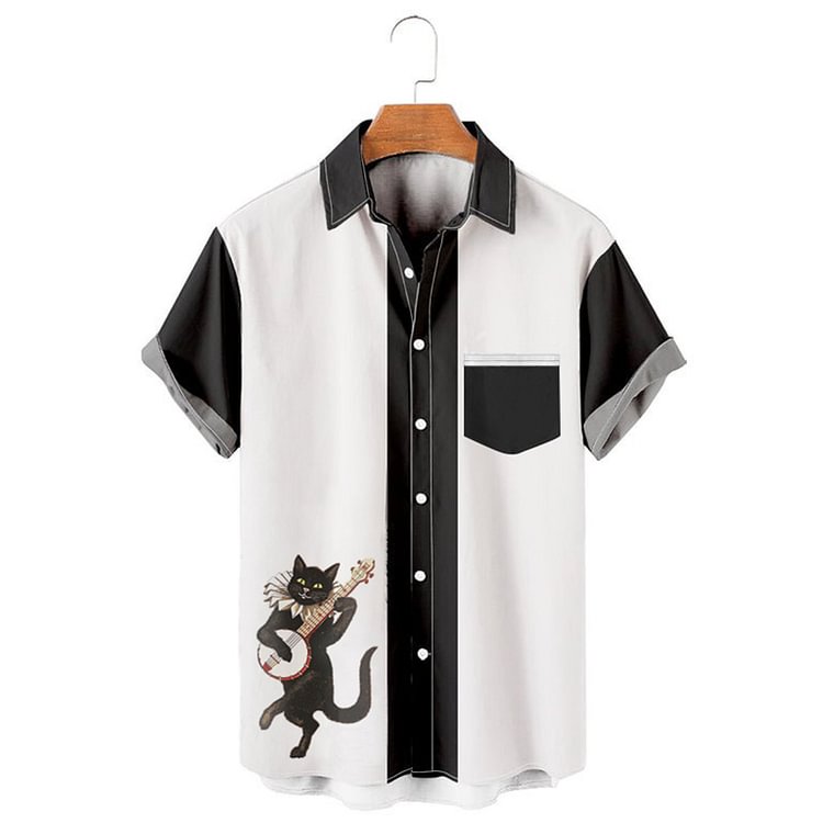 BrosWear Cute Cat Print Short Sleeve  Shirt