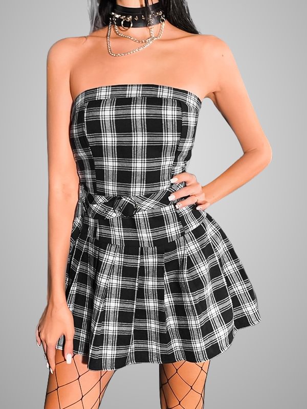 Gothic Dark Plaid Off Shoulder Color-block Tight Waist Belt Decorated Paneled Pleated Dress