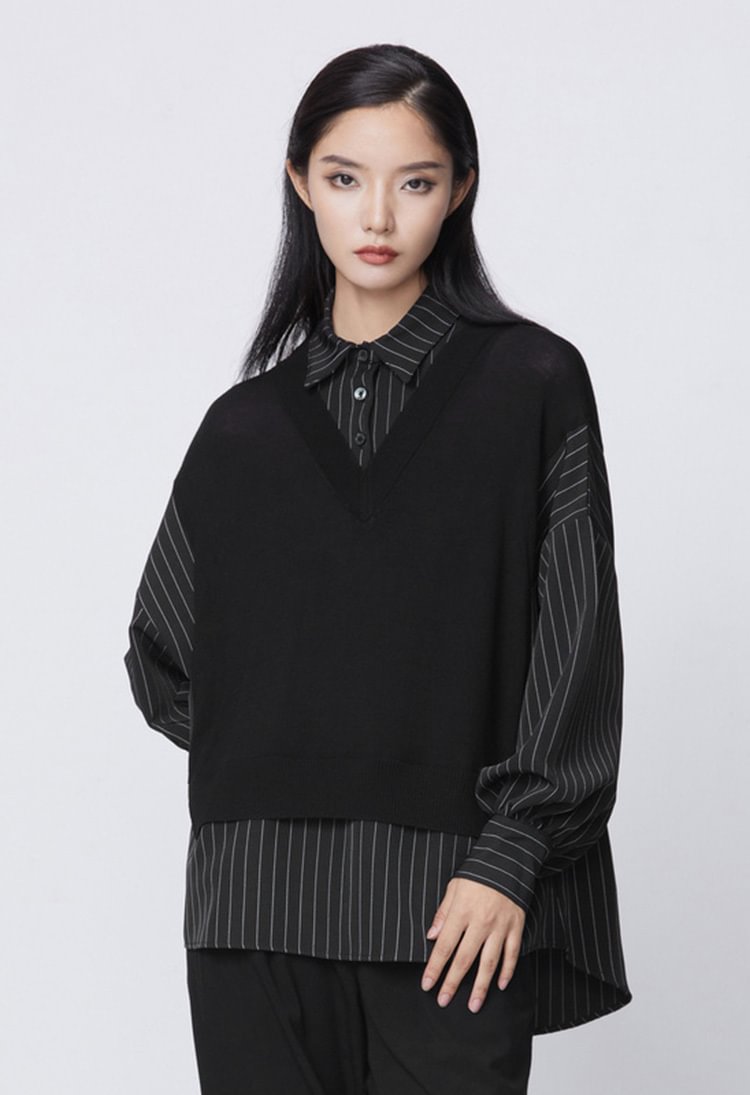 SDEER Loose Lapel Striped Fake Two Piece Stitching Long-sleeved Shirt