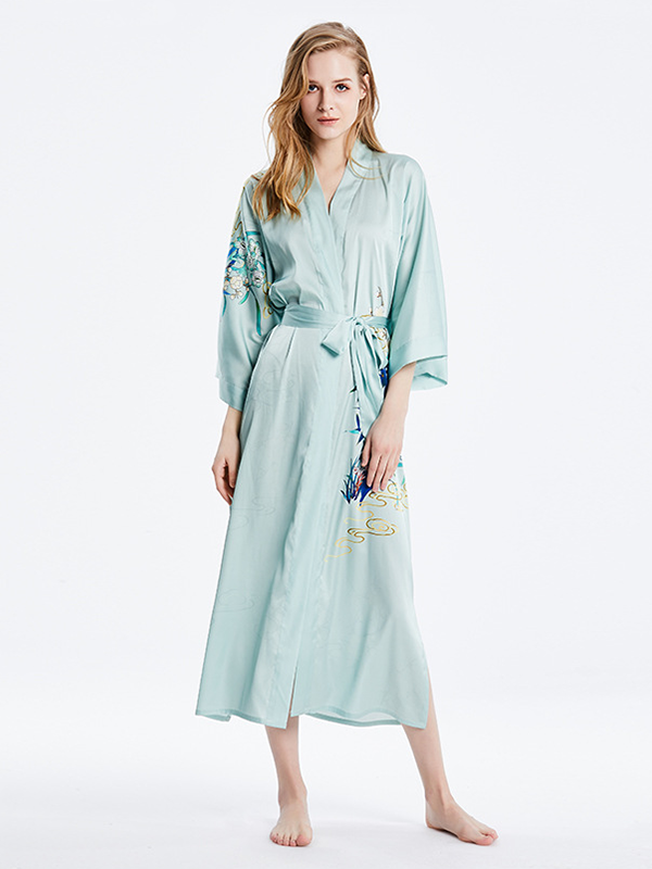 19 MOMME Kimono en soie imprimé floral traditionel vert - grande taille -Soie Plus