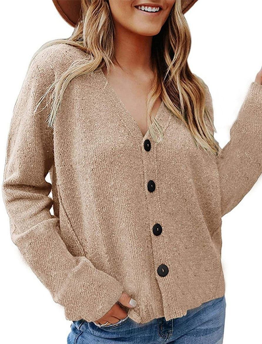 V-neck Solid Color Casual Loose Sweater Cardigan-Corachic