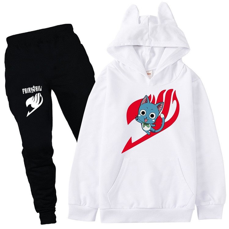 Mayoulove Fairy Tail Cute Cat Print Girls Boys Cotton Hoodie Pants Set Tracksuit-Mayoulove
