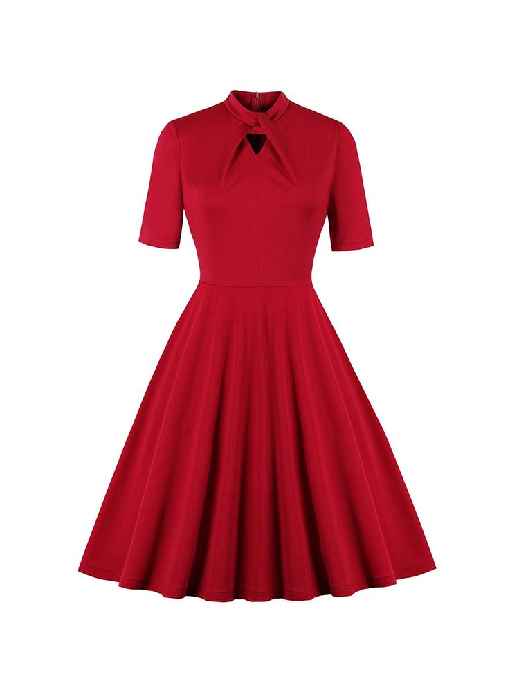 Mayoulove 1950s Dress Bowknot Collar Slim Swing Midi Vintage Red Dress-Mayoulove