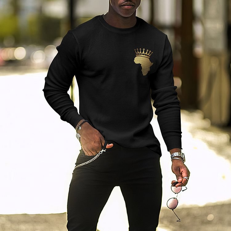 BrosWear African Leisure Print Black Long Sleeve T-Shirt