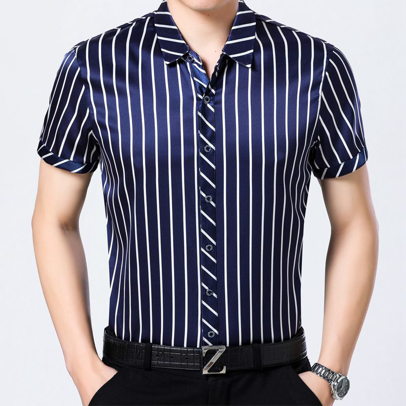 Blue Cozy Striped Short Sleeves Silk Shirt For Mens