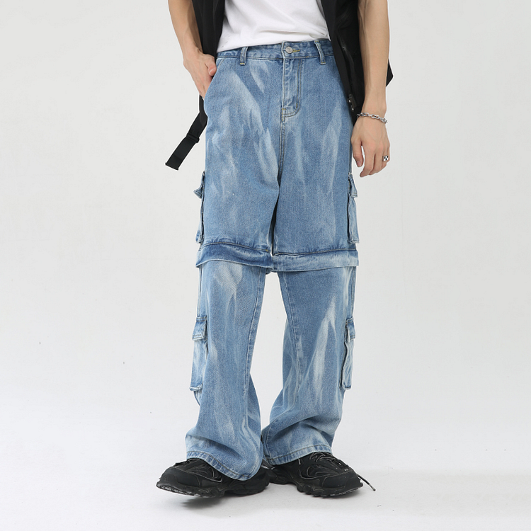 Men's Detachable Hip Hop Loose Jeans Multi Pocket Tie Dye Washed Pants