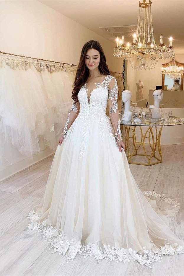 Luluslly Sweetheart Tulle Lace Wedding Dress Long Sleeves Bridal Gowns