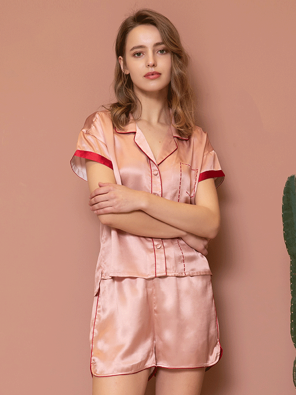 Short Sleeves Pink Silk Pajamas Set For Women-Luxury Silk Life
