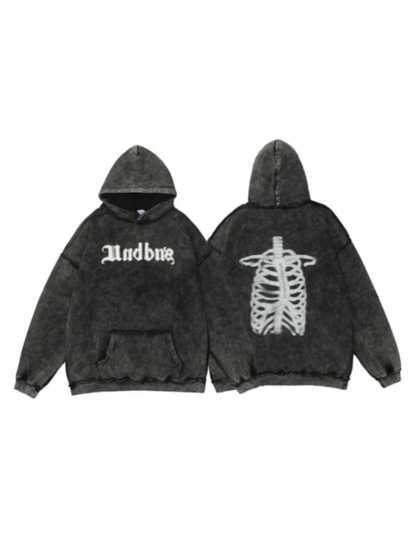 Dark Goth Skull & Letter Printed Washed Tie-dyed Pullover Long Sleeve Oversize Hoodie