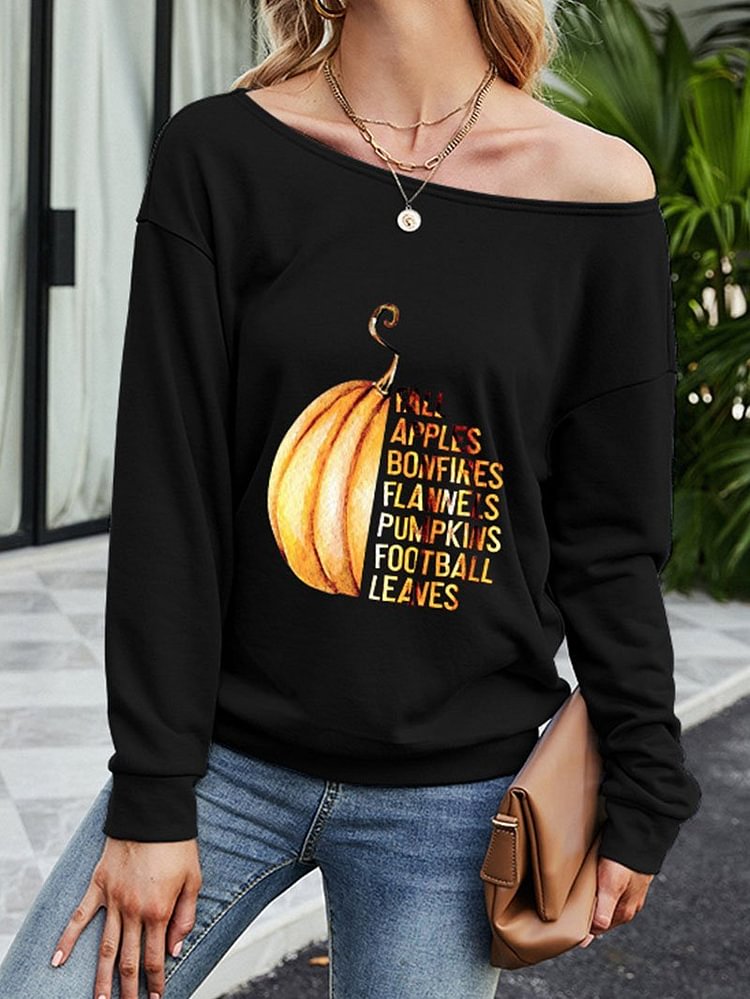 Slant Shoulder Pumpkin Letter Print Long Sleeve T-Shirt Top-Mayoulove