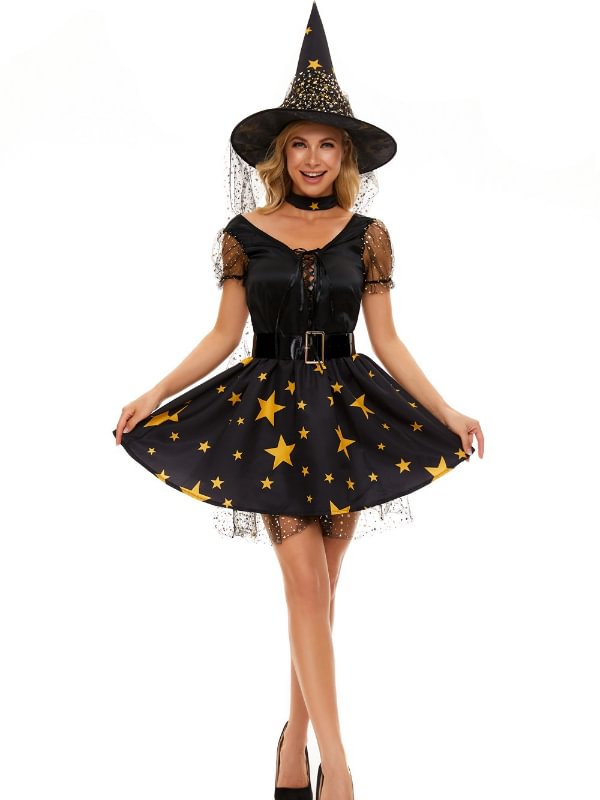 Halloween Festival Costumes Witch Cosplay Dress Star-printed Lace Skater Dress Stage Clothing