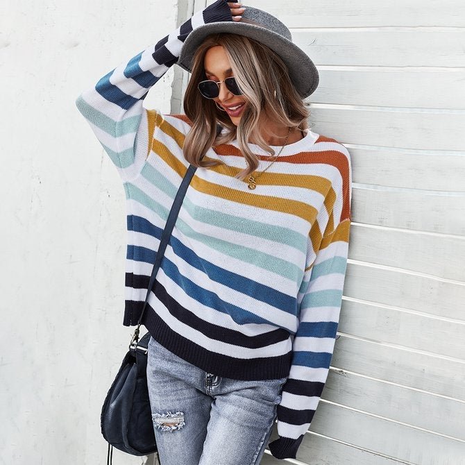 Long Sleeve Striped Acrylic Sweater-Corachic