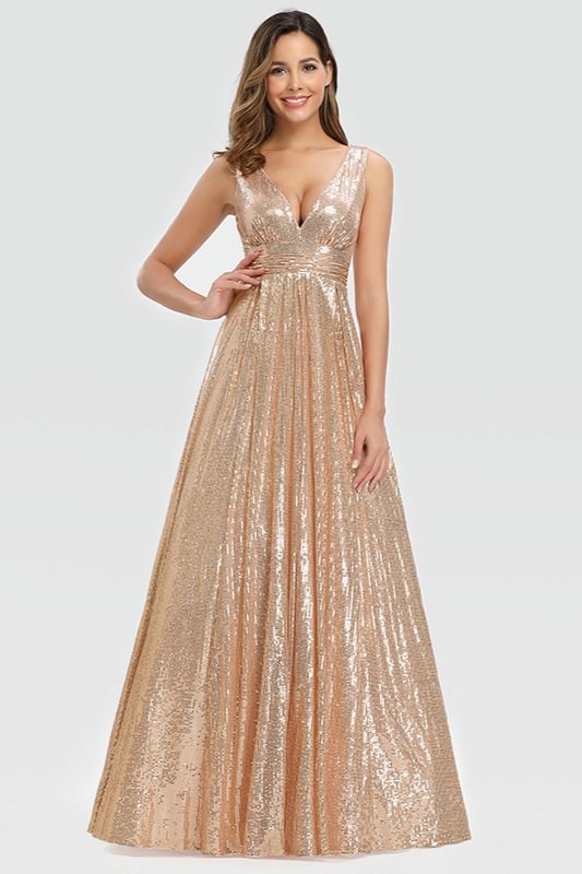 Gorgeous Sequins V-Neck Sleeveless Long Gold Prom Dress