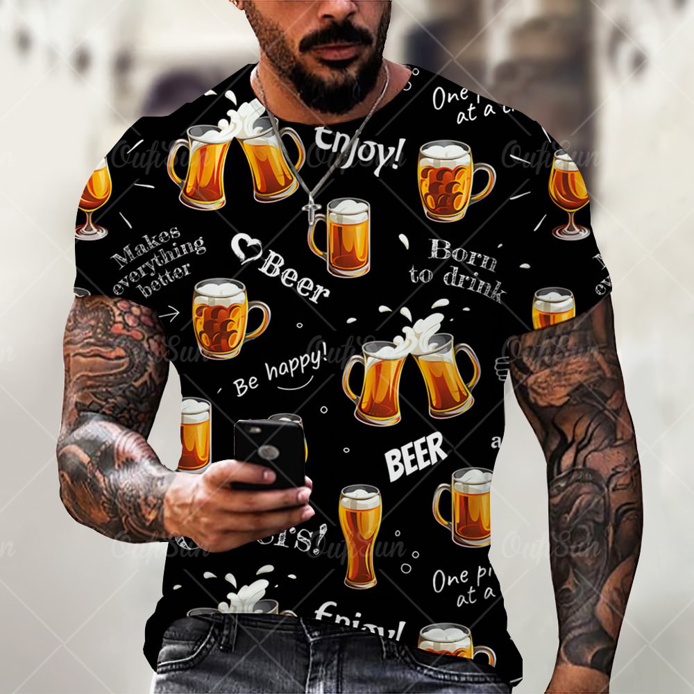 Beer Print Short Sleeve Crew Neck Casual Men's T-Shirts-VESSFUL