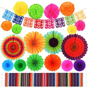 6 Fiesta Colorful Paper Fans Round Wheel Disc 8 Pom Poms Flowers 1 Mexican Serape Table Runner Zonon 16 Pieces Fiesta Party Decorations Kit 1 Felt Papel Picado Banner for Cinco De Mayo