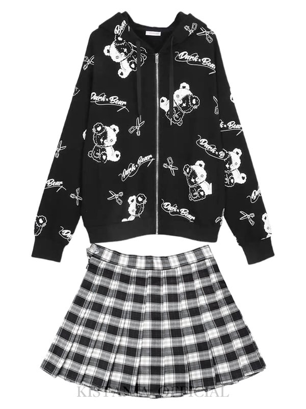 Goth Bear Graphic Loose Hoodie + JK Plaid Pleated Skirt 2 Pieces Sets