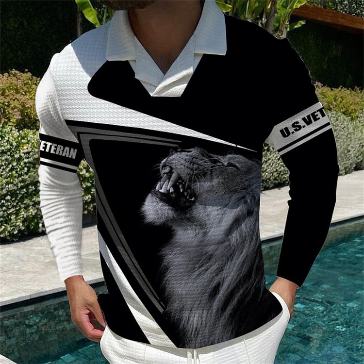BrosWear Men's Lion Pattern Casual Long Sleeve Polo Shirt