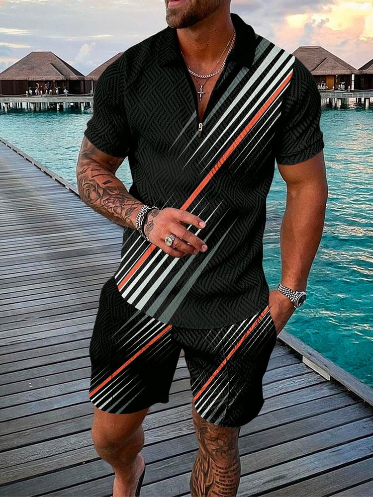 Men's Casual Vacation Striped Printed Polo Black Suit