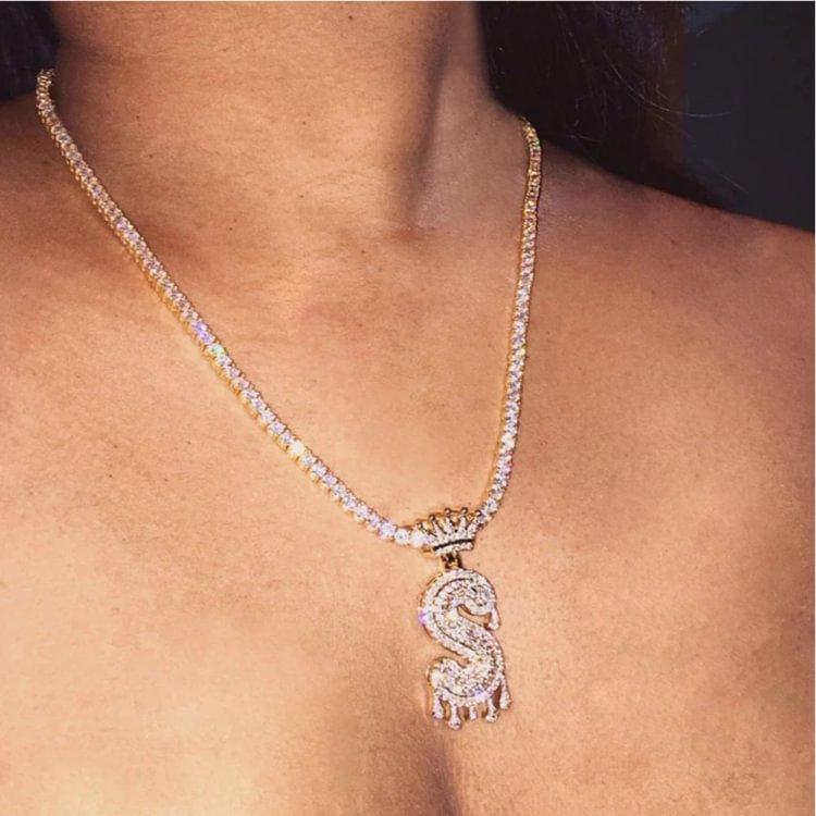 Iced Out Crown Bail Drip Initials Bubble Letters Chain Pendant Necklaces