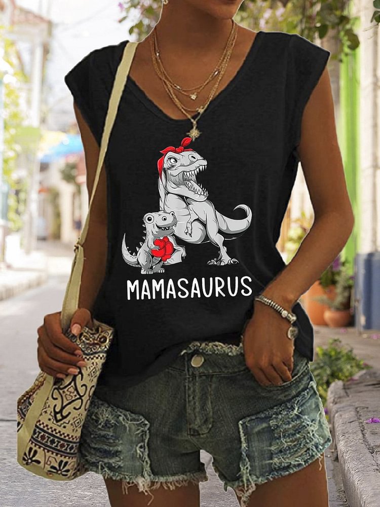 Women's Mother's Day Mamasaurus Dinosaur V-Neck Sleeveless Tee