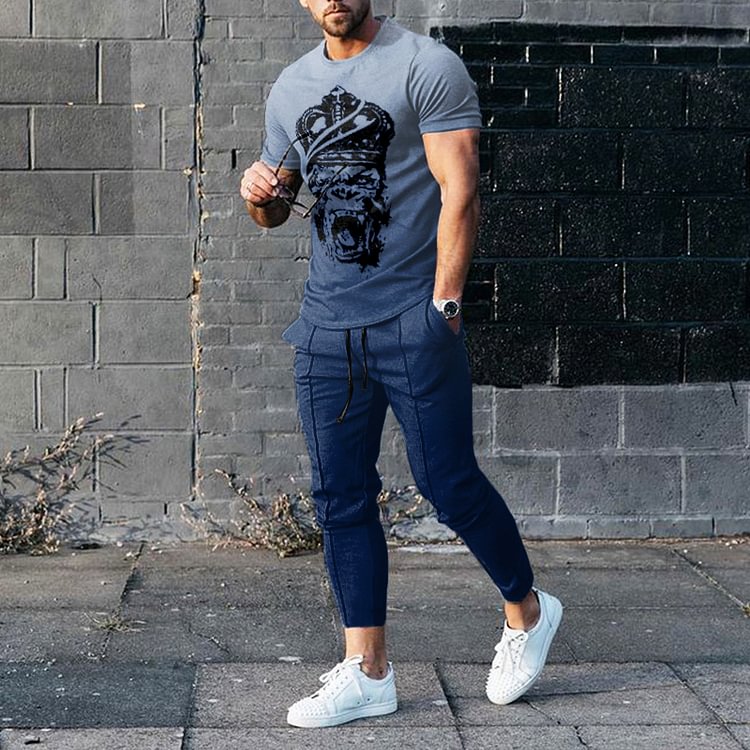 BrosWear Blue Grey Gradient Print Sports T-Shirt And Pants Two Piece Set