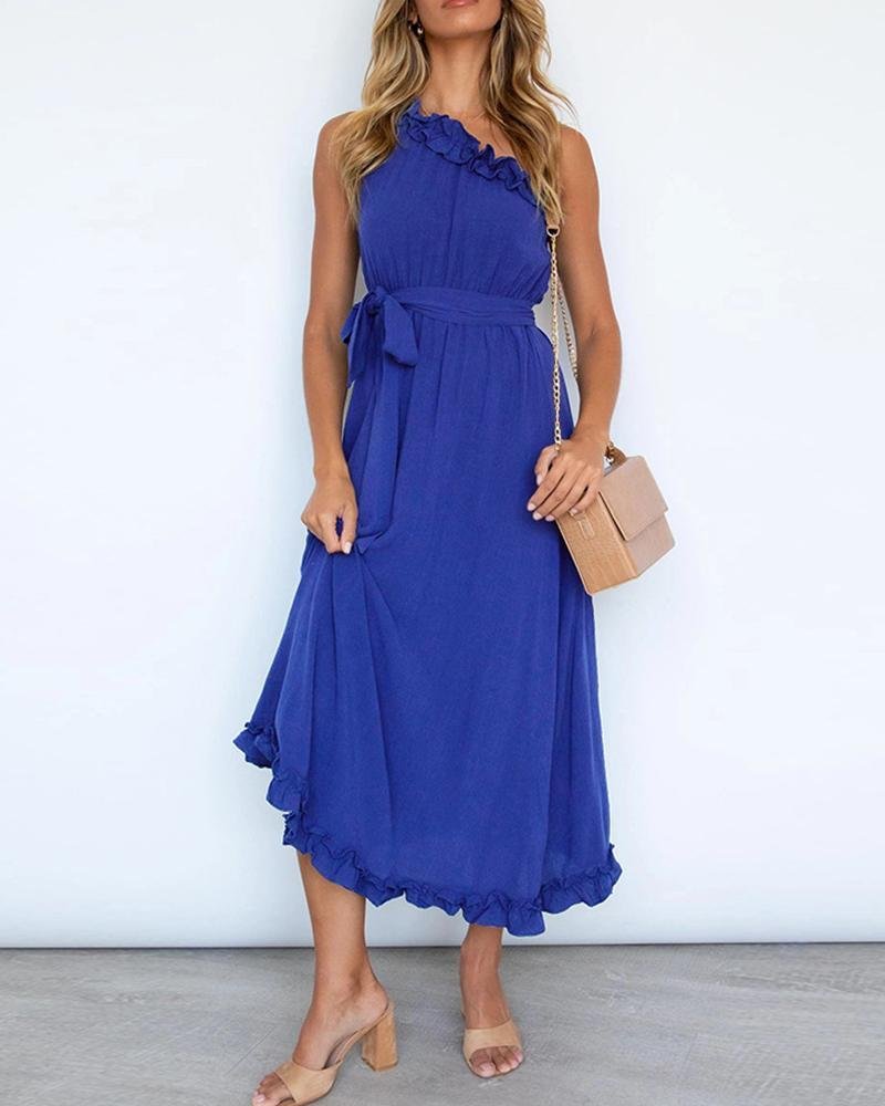 Lace-up Solid Color Ruffle Hem One Shoulder Sleeveless Maxi Dress P13037