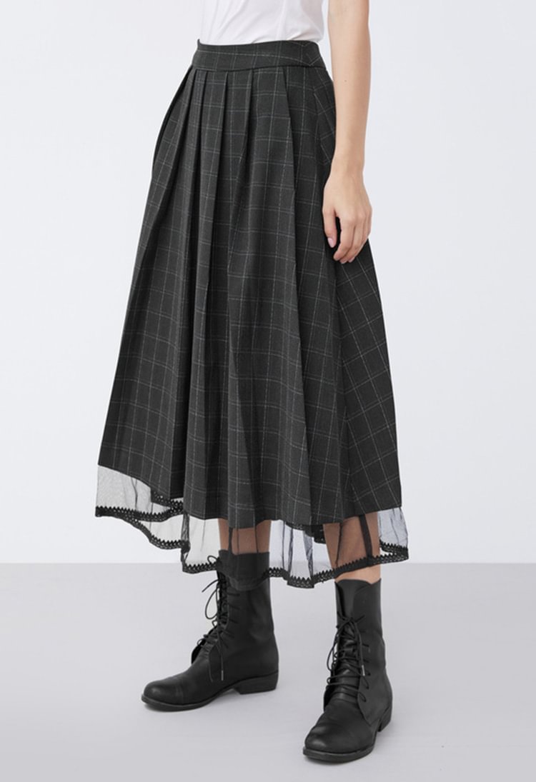 SDEER Contrast Checkered Mesh Lace Stitching A-line Long Skirt