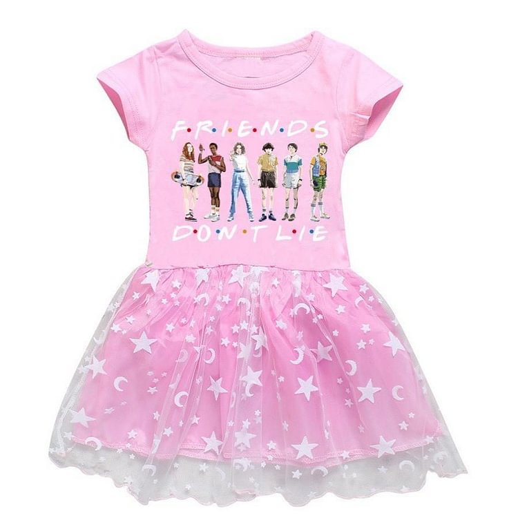 4-12 Years Girls Stranger Things Print Pink Purple Moon Tulle Dress-Mayoulove