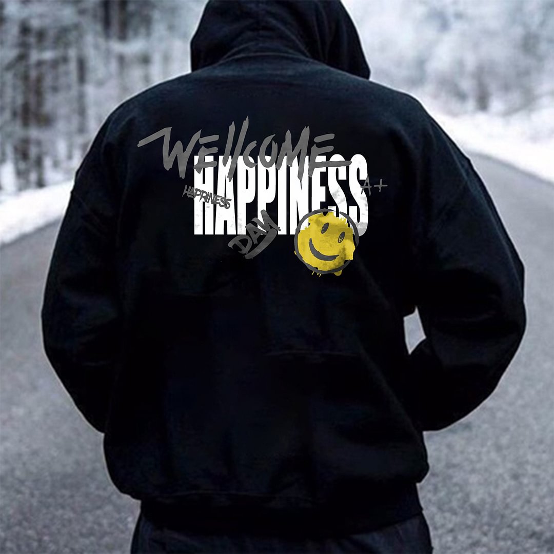 Funny Wellcome Happiness Letters Print Men's Hoodie -  UPRANDY
