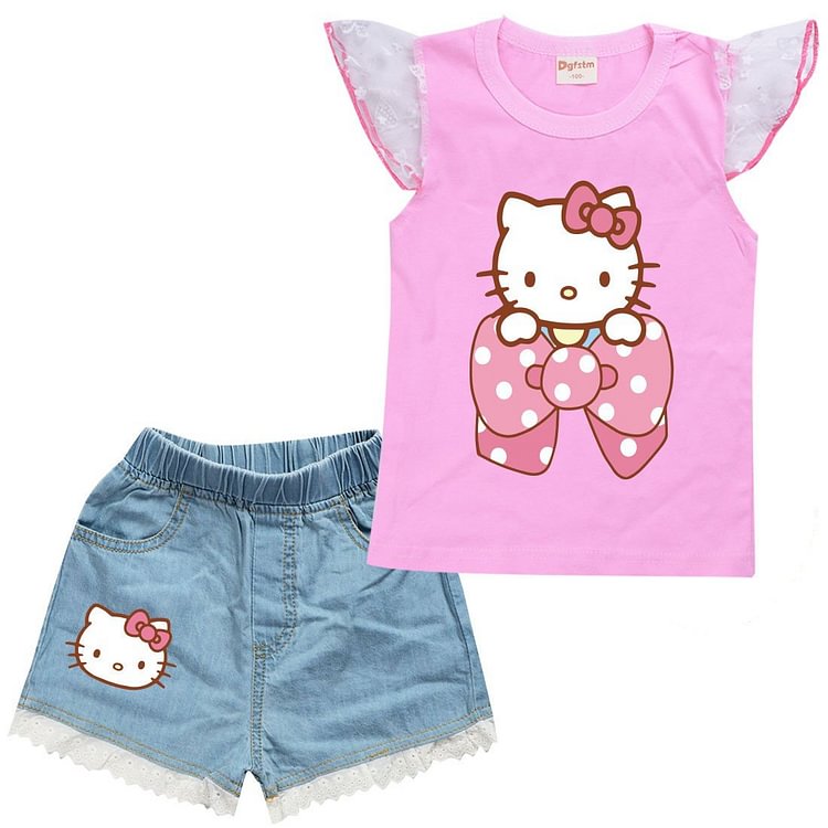 Girls Hello Kitty Print Ruffle Cotton Lace Tank Denim Shorts Suit Sets-Mayoulove