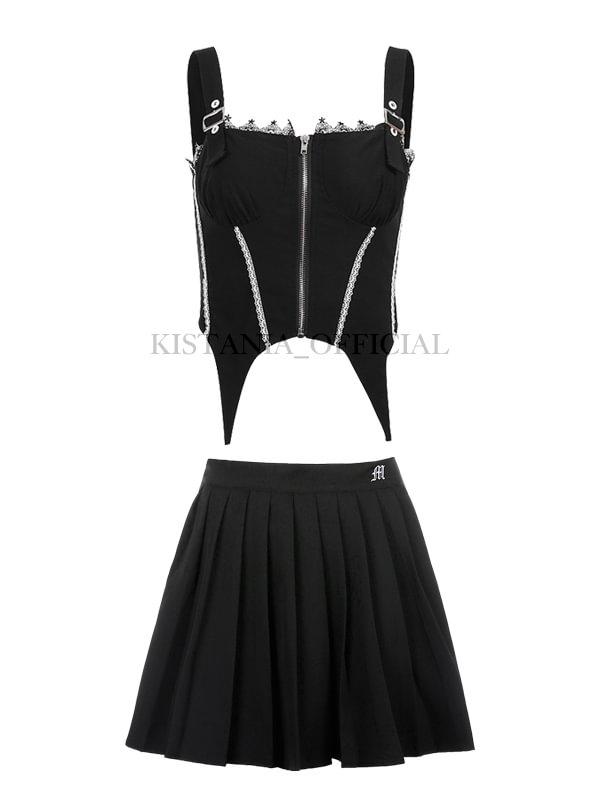 Asymmetrical Paneled Front Zipper Buckle Shoulder Straps Crop Top + Pleated Solid Embroidery Skirt 2-piece Sets