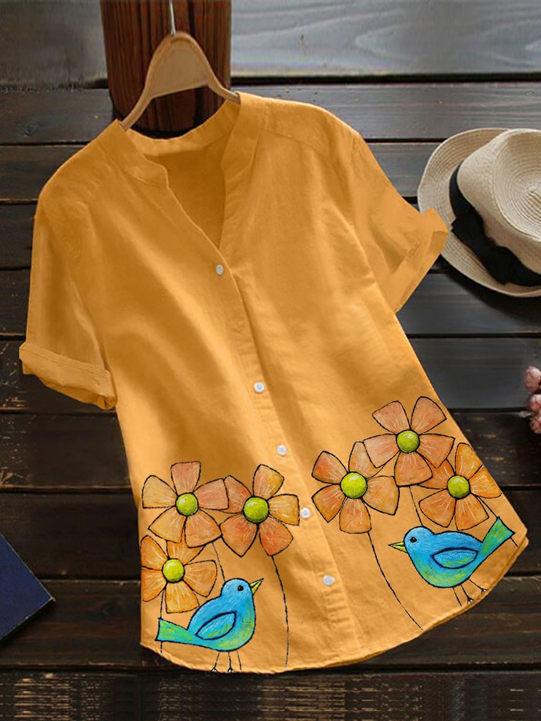 Yellow Short Sleeve Floral Shirts & Tops-Corachic