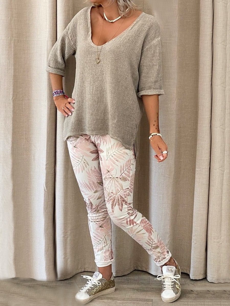 Solid Color Top And Leaves Print Slim Trousers Set