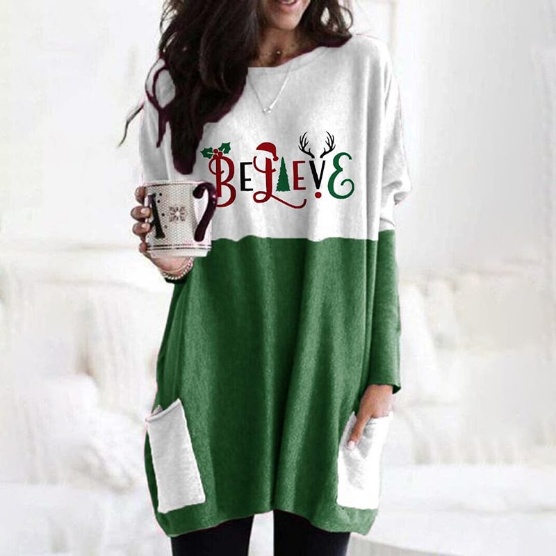 Christmas Full Print Women Color Block Design Long T-shirt