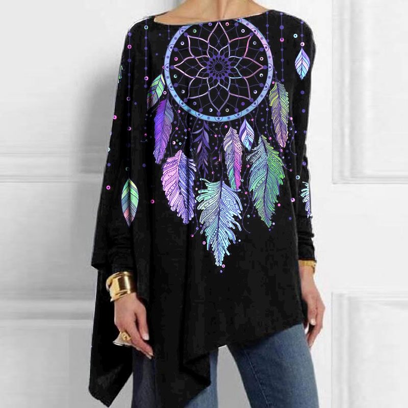 Mandala Flower Design Wind Chimes With Feathers Pattern Women Mock Neck Longline T-shirt