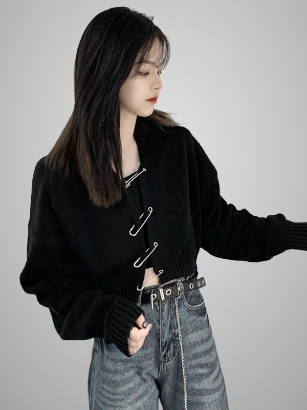 Goth V-Neck Thread Black Short Sweater