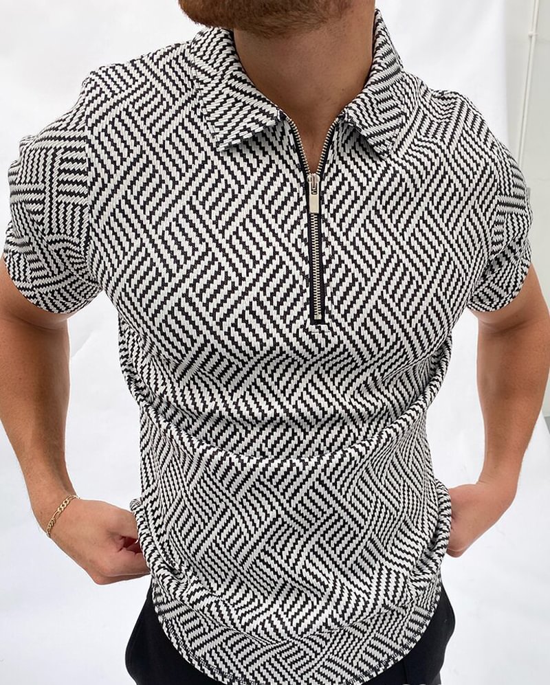 Black Line Print Men's Polo Shirts Summer Casual Zipper Short Sleeve Tops-VESSFUL