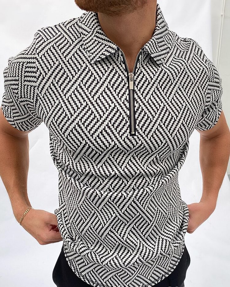 Black Line Print Men's Polo Shirts Summer Casual Zipper Short Sleeve Tops