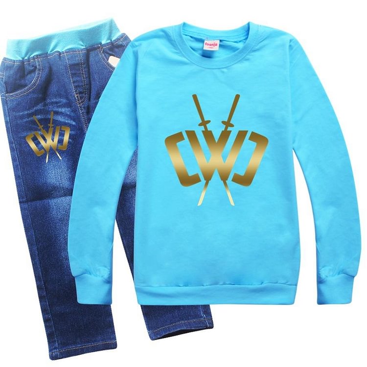 Mayoulove Chad Wild Clay Print Boys Girls Pullover Hoodie And Jeans Outfit Sets-Mayoulove