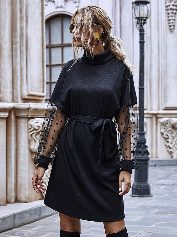 Stylish Black Split-Joint Gauze Dress