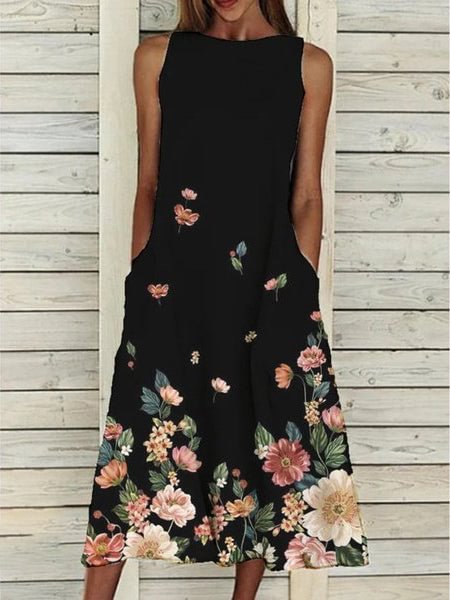 Flower Print Pocket Sleeveless Dress