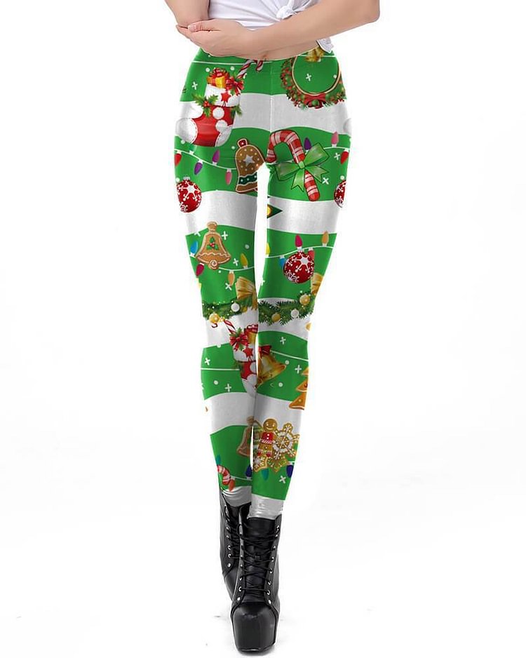 Mayoulove Christmas Candy Jingle Bell Striped Green Stretchy Womens Leggings-Mayoulove