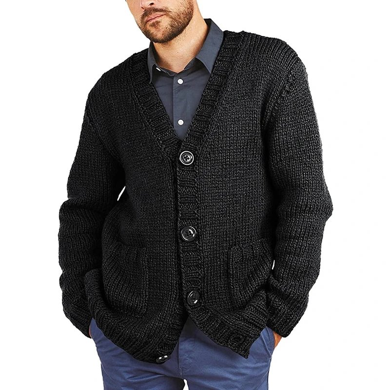 Sweater Cardigan Men's Solid Color V-Neck Long Sleeve Knitted Coat-Corachic